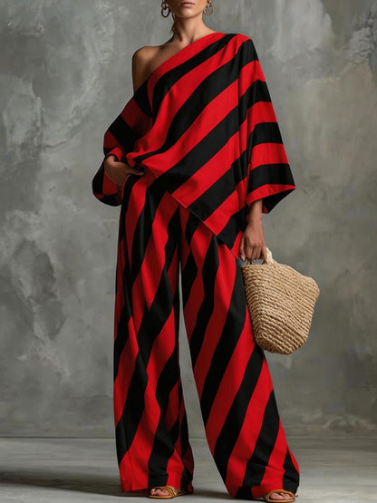 Women's Retro Striped Batwing Top & Wide-Leg Pants Set – Vintage 2-Piece FitiqueFit