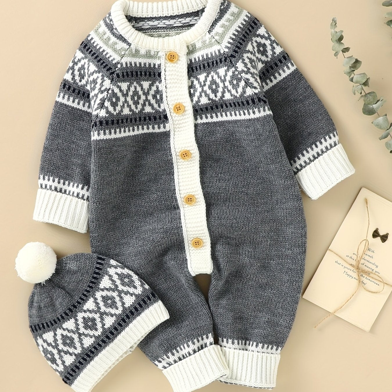 Newborn Infant Geometric Pattern Sweater Romper Long Sleeve Button Jumpsuit & Hat For Toddler Baby Boys And Girls, Suitable For Indoor And Outdoor Wear NovaCart