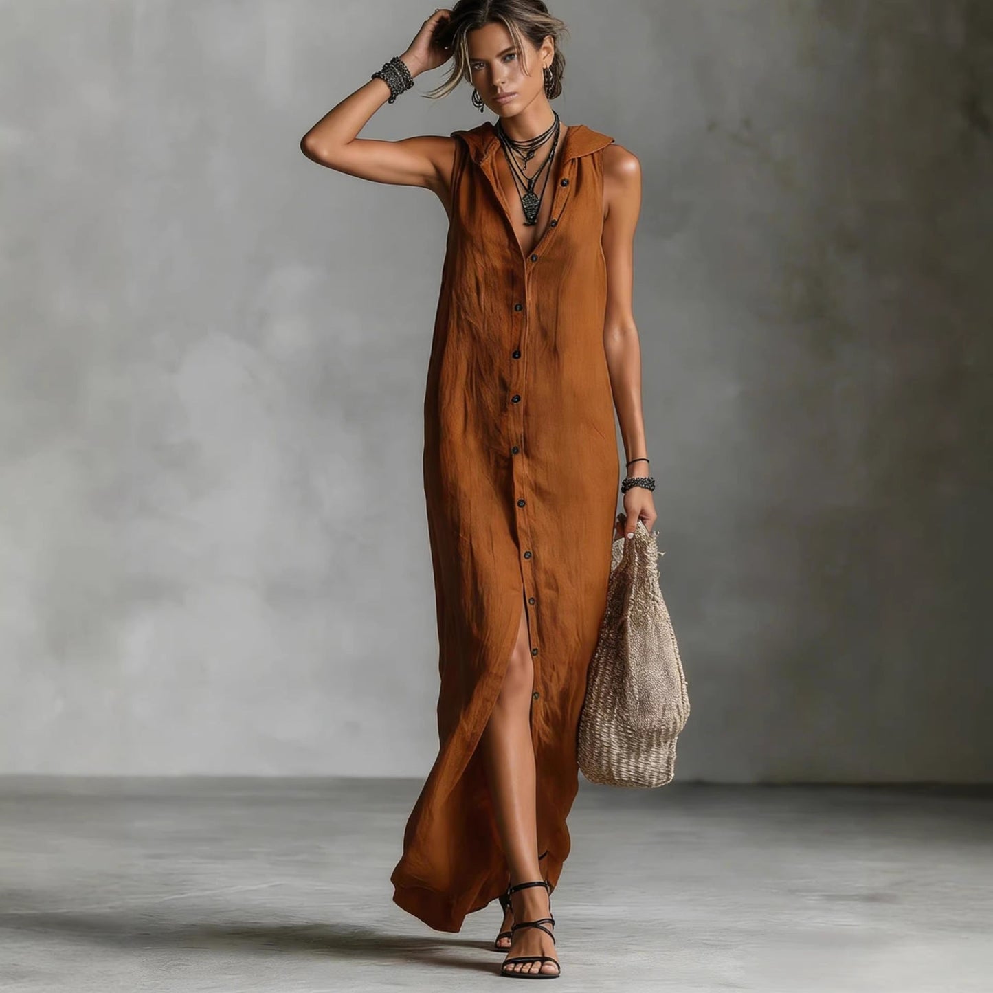 Women's Sleeveless Deep V-Neck Hooded Loose Maxi Dress – 6 Colors XS–3XL FitiqueFit