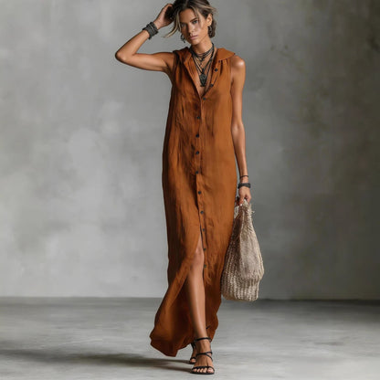 Women's Sleeveless Deep V-Neck Hooded Loose Maxi Dress – 6 Colors XS–3XL FitiqueFit