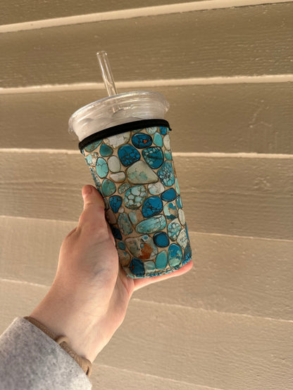 Turquoise stone Coffee Sleeve | Reusable Neoprene Iced Coffee Cup Cover 16-24oz Cowboy Print Eco-Friendly Insulator for Grande & Venti Cups BashDesignsCo