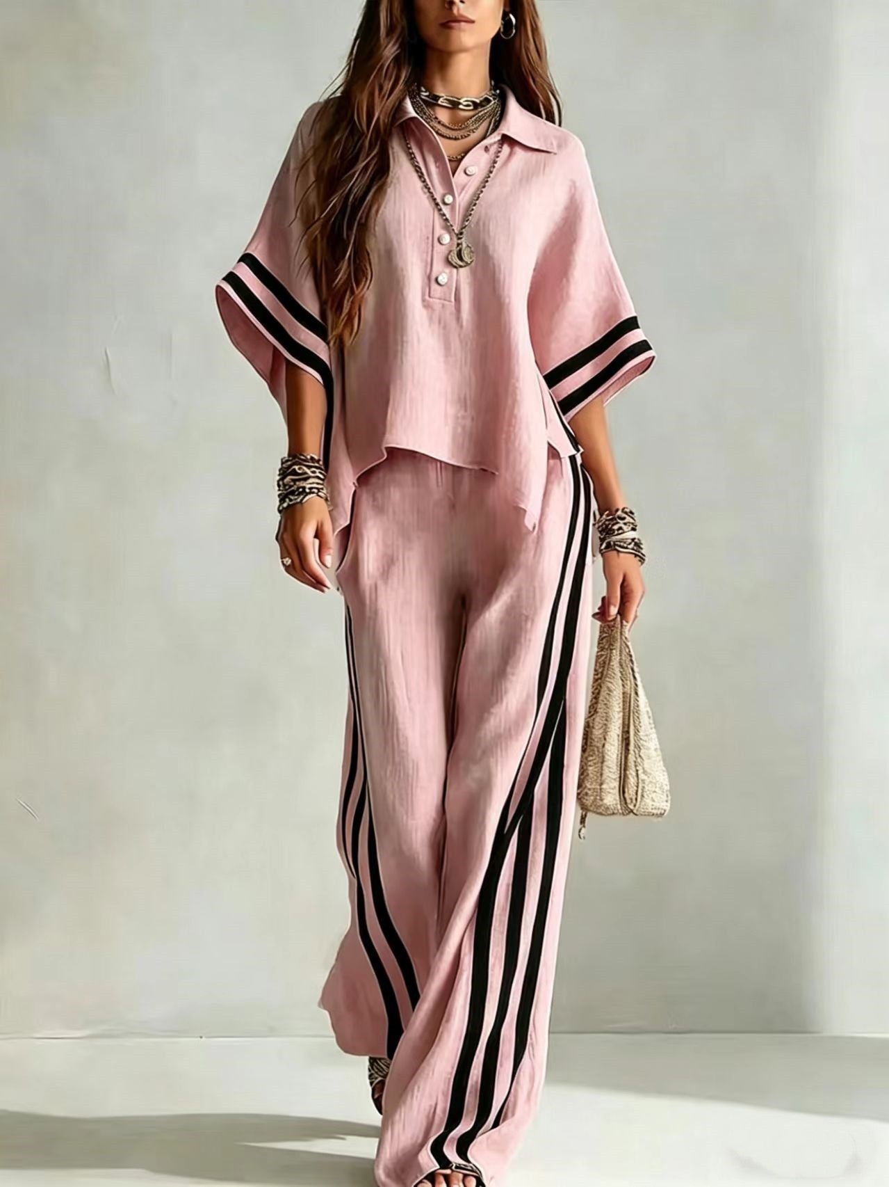 Women's Short-Sleeve Shirt & Loose Pants Two-Piece Set FitiqueFit