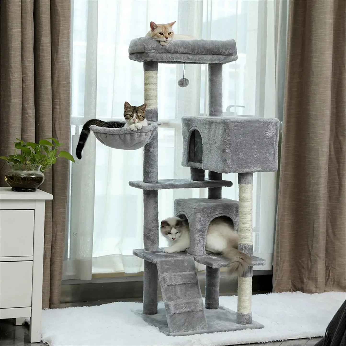 Deluxe 56" Cat Tree for Indoor Cats - Spacious Cat Tower with Plush Perches, Cozy Basket, and Durable Scratching Posts in Gray