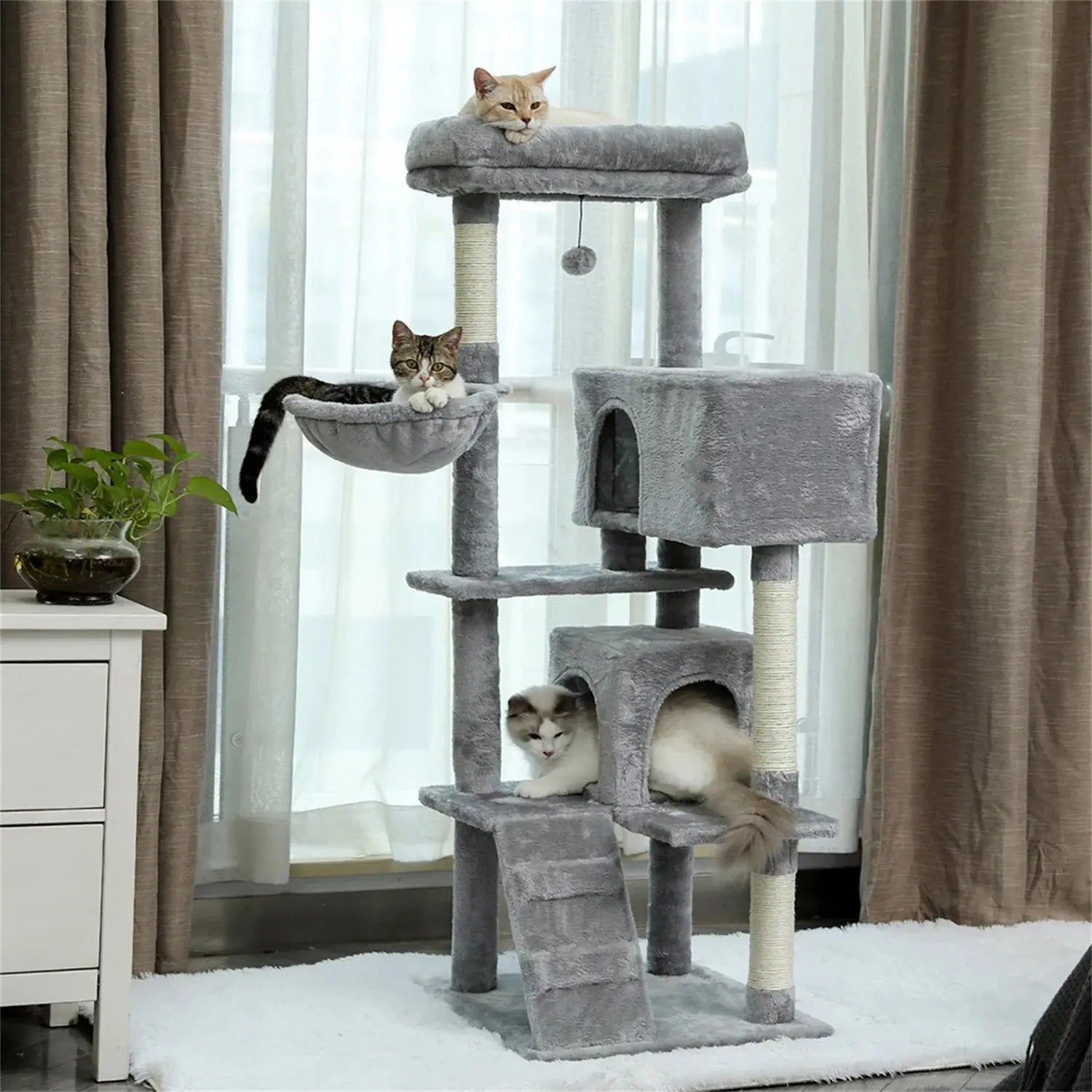 Deluxe 56" Cat Tree for Indoor Cats - Spacious Cat Tower with Plush Perches, Cozy Basket, and Durable Scratching Posts in Gray