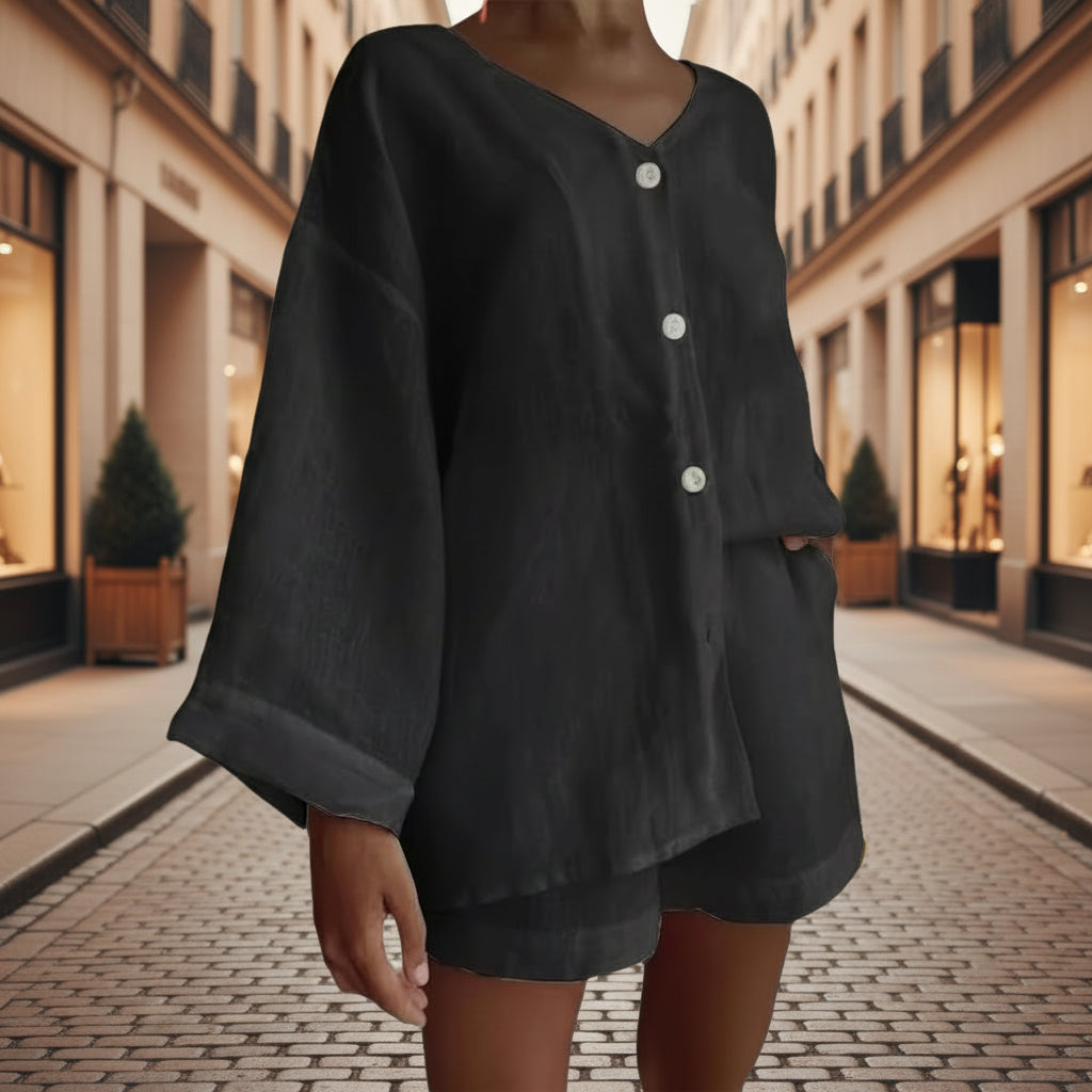 Women's Cotton Linen Shirt & Shorts Set – Long Sleeve, Button, Casual 2-Piece FitiqueFit