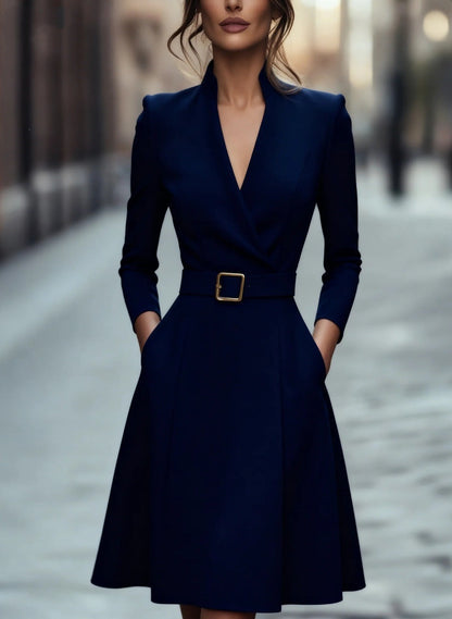 V-Neck Long Sleeve Swing Dress – Women's Autumn Winter Midi Dress FitiqueFit