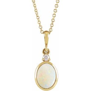 14K Yellow 9x7 mm Natural White Opal & .03 CT Natural Diamond 16-18" Necklace Ethereal Legacy Boutiques