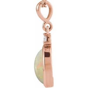 14K Rose 9x7 mm Natural White Opal & .03 CT Natural Diamond Cabochon Pendant Ethereal Legacy Boutiques