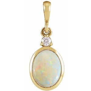 14K Yellow 9x7 mm Natural White Opal & .03 CT Natural Diamond Cabochon Pendant Ethereal Legacy Boutiques