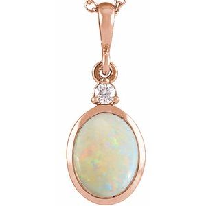 14K Rose 12x10 mm Natural White Opal & .03 CT Natural Diamond Cabochon Pendant Ethereal Legacy Boutiques