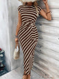 Elegant Waist Strap Striped Round Neck Short Sleeve And Long Pattern Dress Grayceful LLC