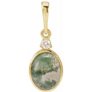 14K Yellow 8x6 mm Natural Moss Agate & .03 CTW Natural Diamond Pendant Ethereal Legacy Boutiques