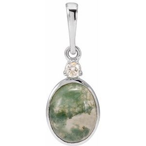 Sterling Silver 8x6 mm Natural Moss Agate & .03 CTW Natural Diamond Pendant Ethereal Legacy Boutiques