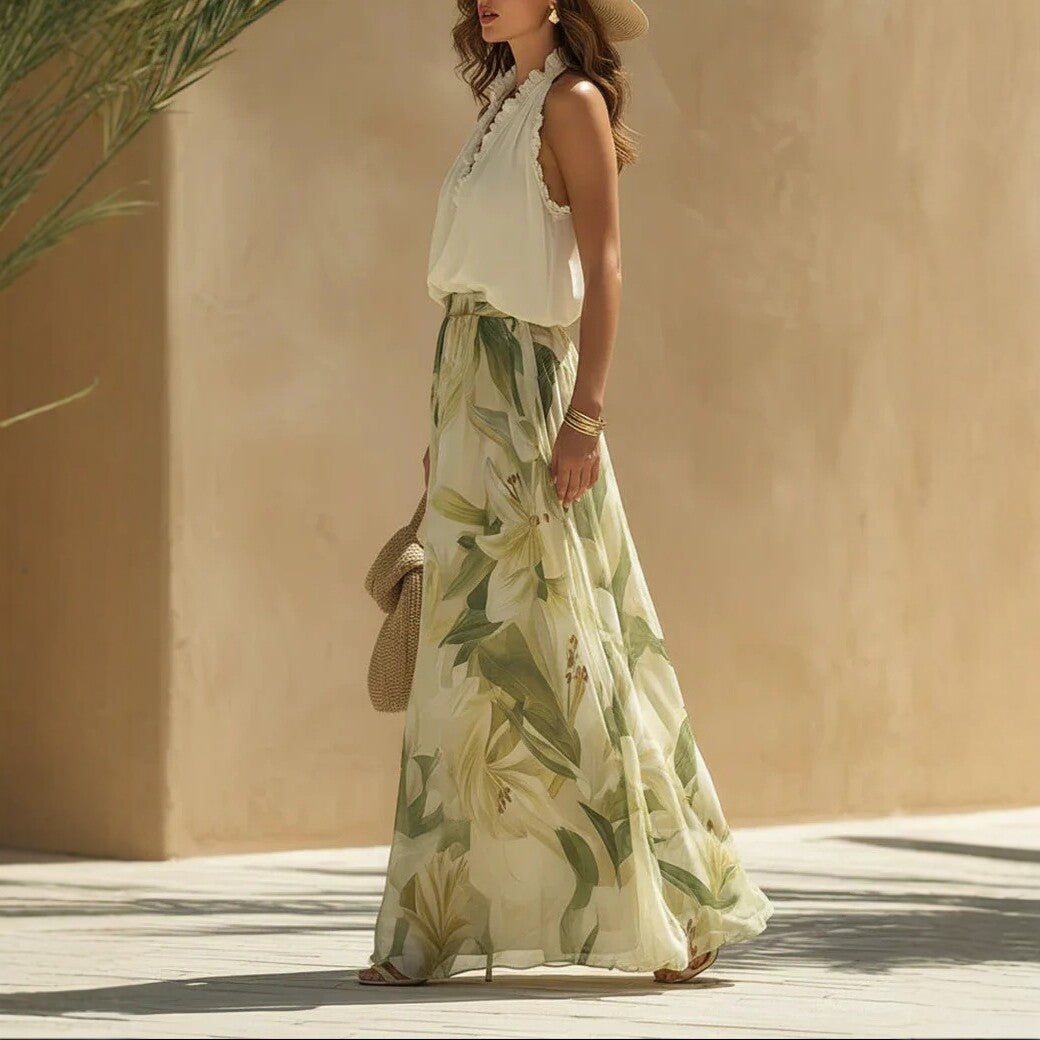 Waist-Cinching Ruffle-Hem Printed Maxi Dress – S–3XL FitiqueFit