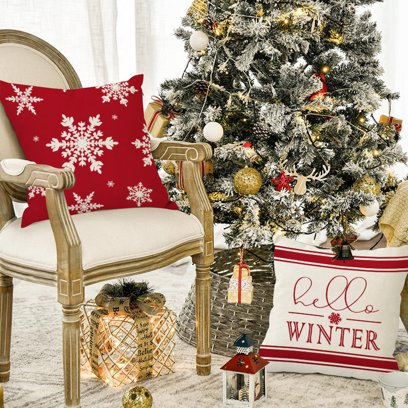 Christmas Snowflake Pillow Cover Linen Checkered Letter Printed Pillow Cover Christmas Theme Cushion Cover