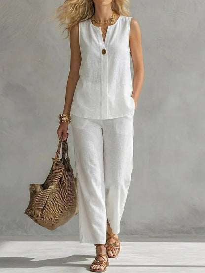 Women's Sleeveless V-Neck Top & Full-Length Pants Two-Piece Set FitiqueFit