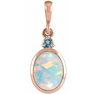 14K Rose 6x4 mm Lab-Grown White Opal & Natural London Blue Topaz Pendant Ethereal Legacy Boutiques