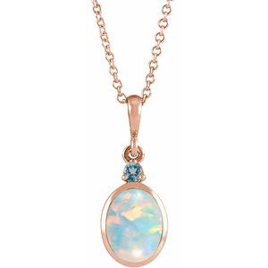 14K Rose 8x6 mm Lab-Grown White Opal & Natural London Blue Topaz 16-18" Necklace Ethereal Legacy Boutiques