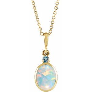 14K Yellow 5x3 mm Lab-Grown White Opal & Natural London Blue Topaz 16-18" Necklace Ethereal Legacy Boutiques