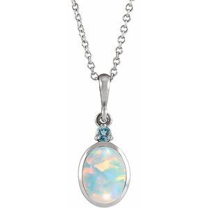 Sterling Silver 5x3 mm Lab-Grown White Opal & Natural London Blue Topaz 16-18" Necklace Ethereal Legacy Boutiques
