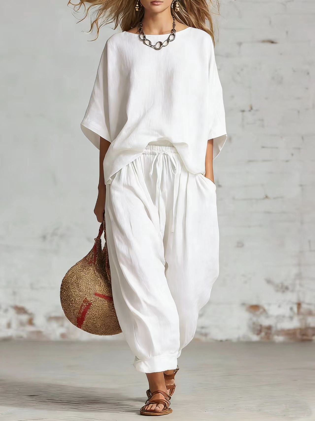 Women's Solid Color Loose Casual Set – T-Shirt & Ankle Pants FitiqueFit