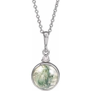 14K White 8 mm Natural Moss Agate & .03 CTW Natural Diamond 16-18" Necklace Ethereal Legacy Boutiques