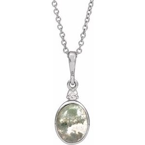 14K White 8x6 mm Natural Moss Agate & .03 CTW Natural Diamond 16-18" Necklace Ethereal Legacy Boutiques