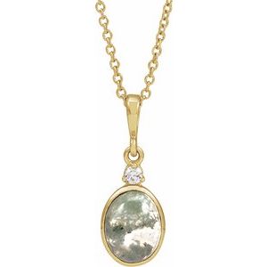 14K Yellow 8x6 mm Natural Moss Agate & .03 CTW Natural Diamond 16-18" Necklace Ethereal Legacy Boutiques