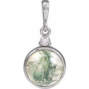 14K White 8 mm Natural Moss Agate & .03 CTW Natural Diamond Pendant Ethereal Legacy Boutiques