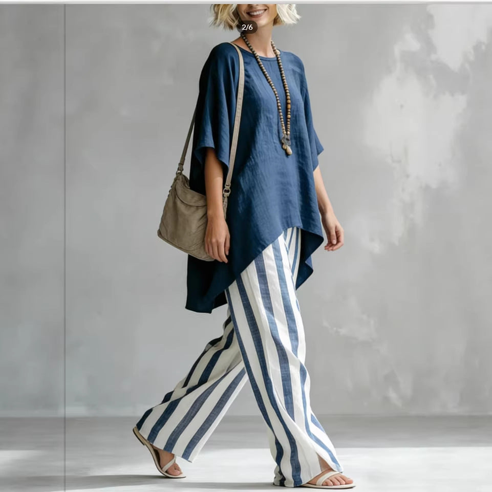 Women's Striped Batwing-Sleeve Loose Linen Two-Piece Set FitiqueFit