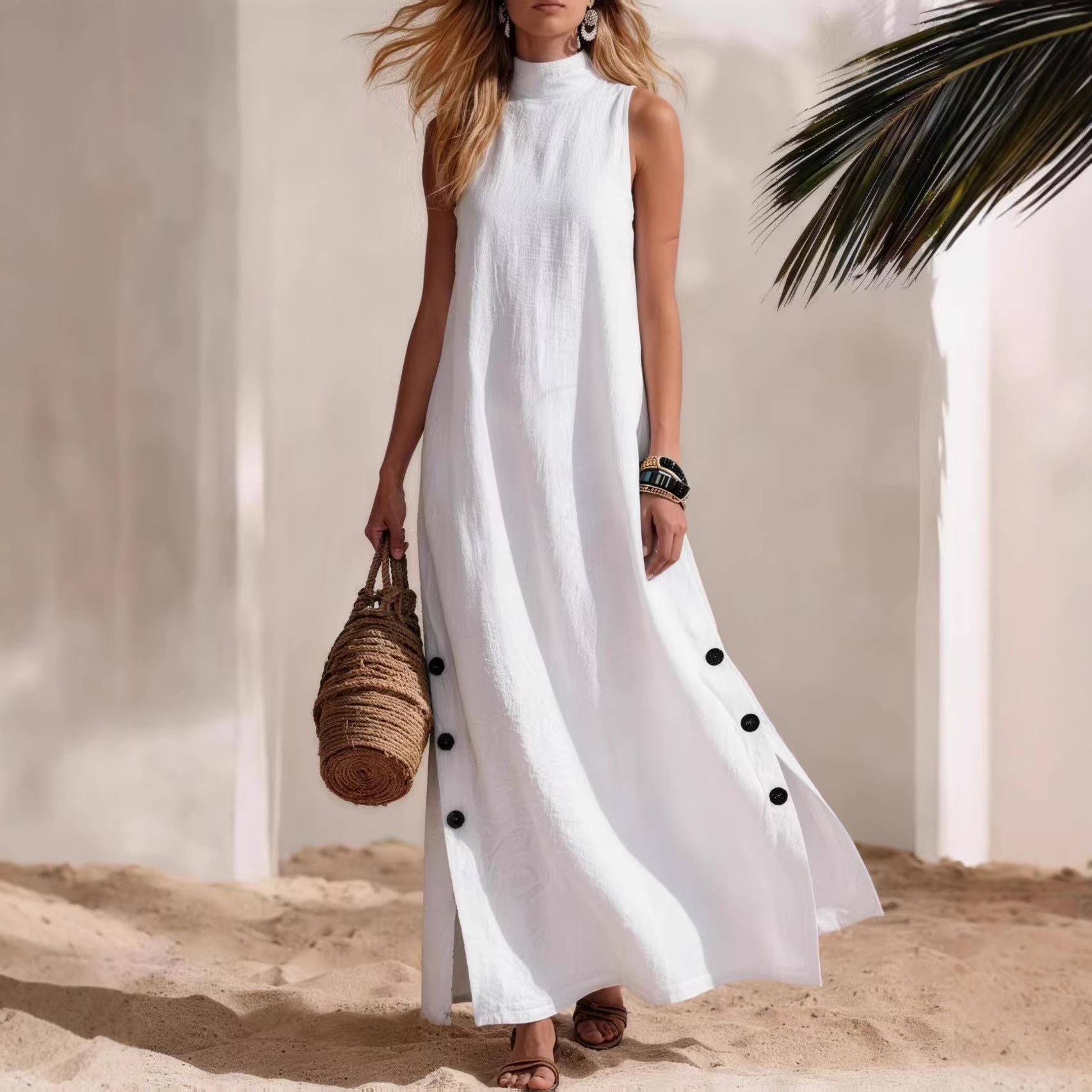 Cotton Linen Sleeveless Midi Dress – Side Slits & Loose Fit FitiqueFit