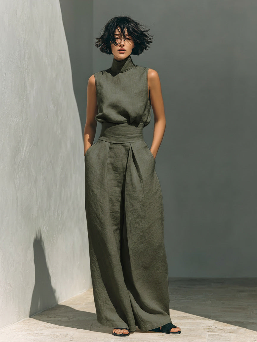 Women’s Cotton Linen Two-Piece Set – Sleeveless Top & Wide-Leg Pants FitiqueFit