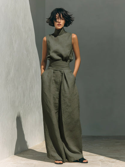 Women’s Cotton Linen Two-Piece Set – Sleeveless Top & Wide-Leg Pants FitiqueFit
