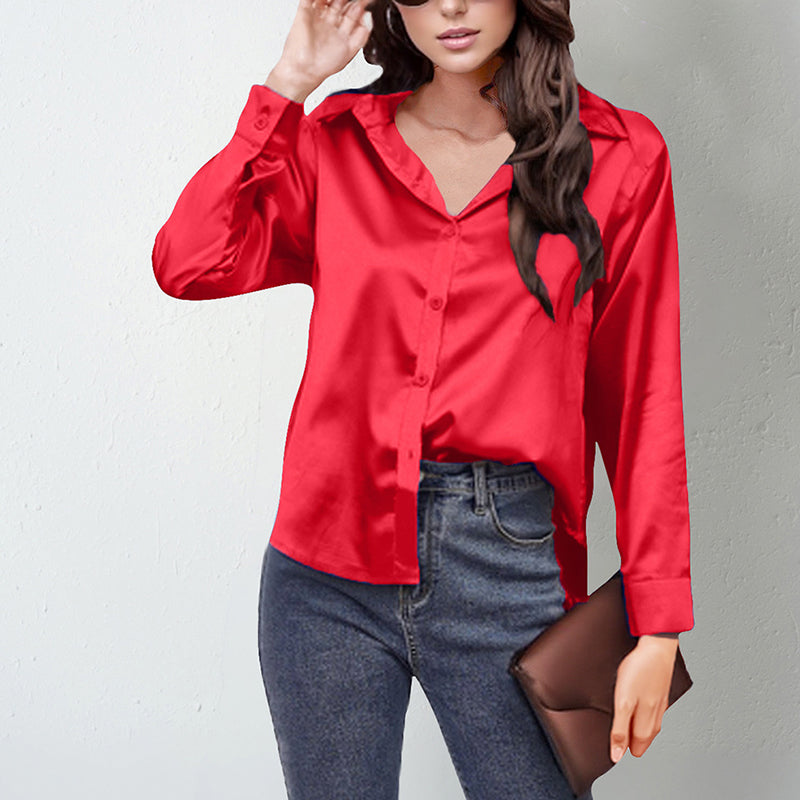 Women’s Satin Lapel Button-Down Blouse FitiqueFit
