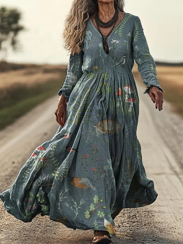 Women's Retro Chic 3D Print V-Neck Long-Sleeve A-Line Dress FitiqueFit