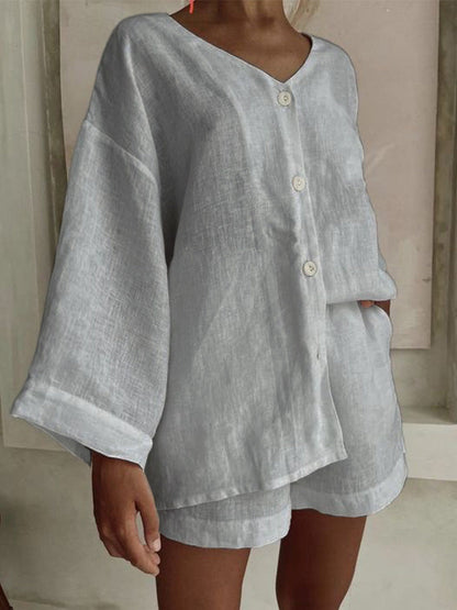 Women's Cotton Linen Shirt & Shorts Set – Long Sleeve, Button, Casual 2-Piece FitiqueFit