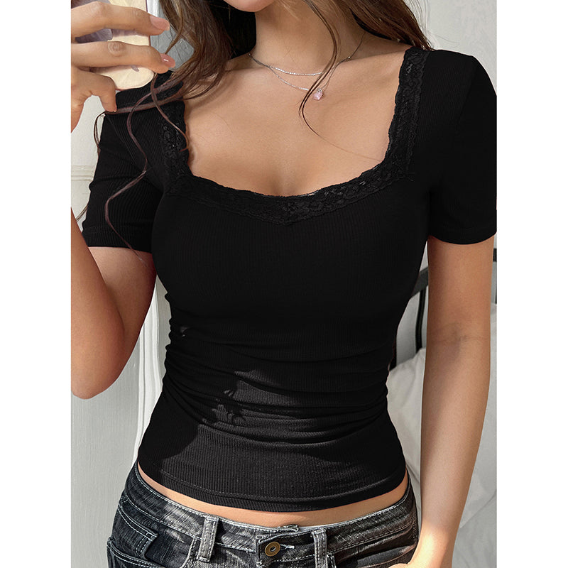 Women’s Y2K Lace Trim Slim Fit Tee – U-Neck Short Sleeve Top FitiqueFit