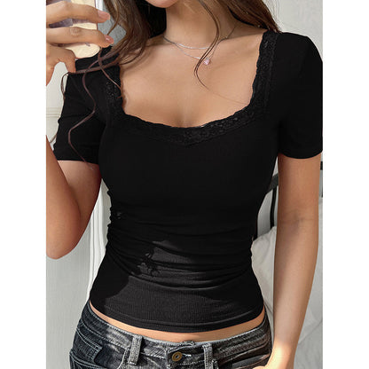 Women’s Y2K Lace Trim Slim Fit Tee – U-Neck Short Sleeve Top FitiqueFit