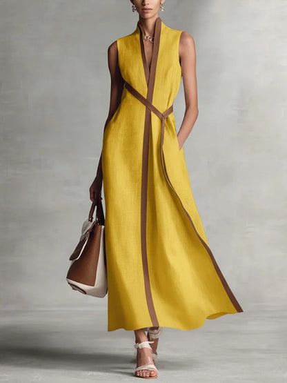 Women's Color Block Sleeveless Stand Collar Linen Blend Dress FitiqueFit