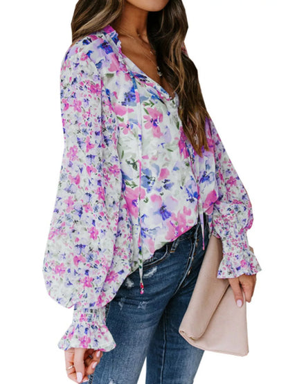 Full Size Floral Print Smocked Cuff Blouse Plus Size New Era Fashion LLc