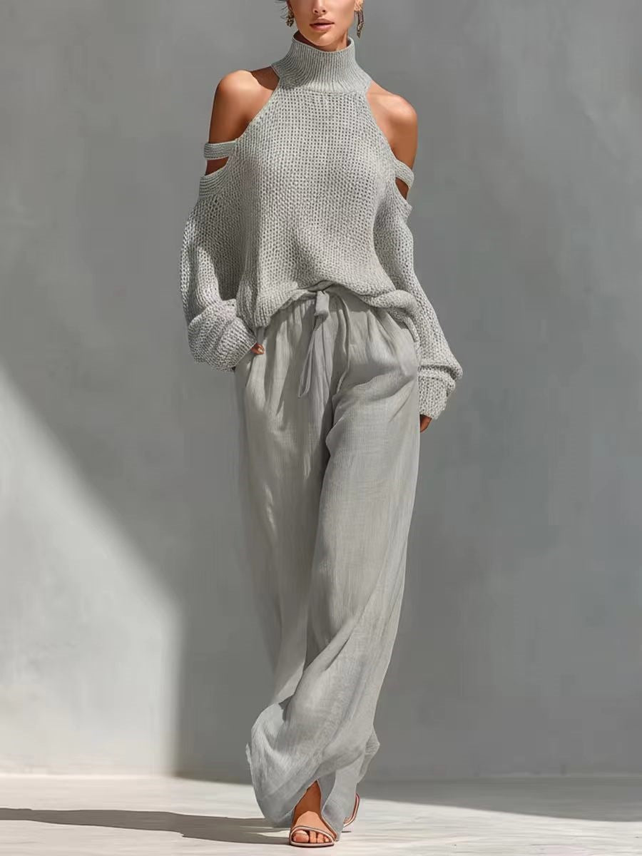 Women's Long-Sleeve Turtleneck Top & Pants Set – Elegant 2-Piece FitiqueFit