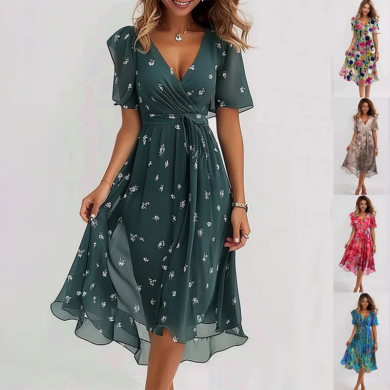 Chiffon Print V-Neck Dress – Elegant Two-Piece Set Midi Dress FitiqueFit