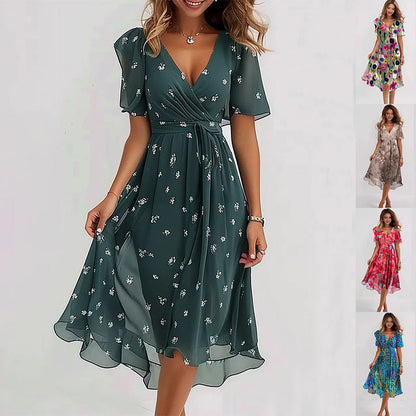 Chiffon Printed Short Sleeve Dress Summer Elegant V-neck Dresses Womens Clothing Grayceful LLC