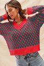 SO ME Color Block Textured Christmas Sweater V Neck Top West2East Surf