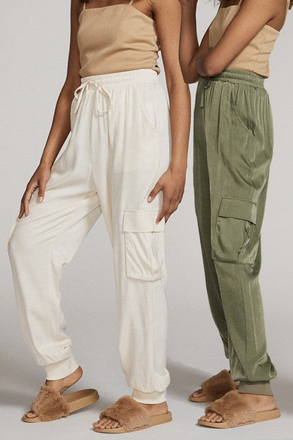 Textured satin cargo pants See size chart under “more details” The Fashion Celestial