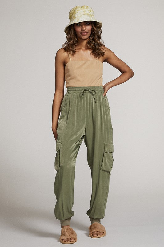 Textured satin cargo pants See size chart under “more details” The Fashion Celestial