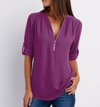 Women's Short-Sleeve Zip V-Neck Loose Top FitiqueFit