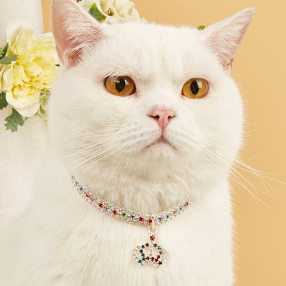 Elegant Pet Rhinestone Crown Pendant Necklace - Sparkling Multicolor Gemstone Accessory for Cats & Dogs, Random Color Selection NovaCart
