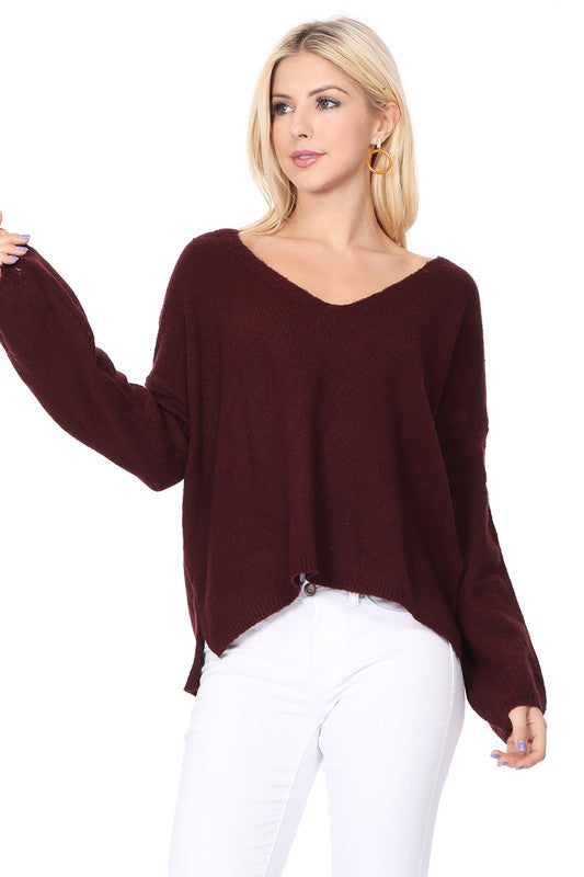 Wide V-Neck Oversized Sweater Top w. Side Slit Shop Style & More | Fresh Looks, Everyday Deals & Free Shipping