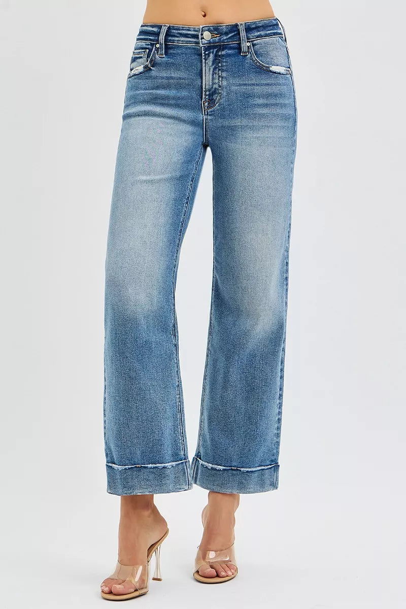 RISEN Full Size Mid Rise Crop Straight Jeans with Taylor Cuffed Plus Size West2East Surf